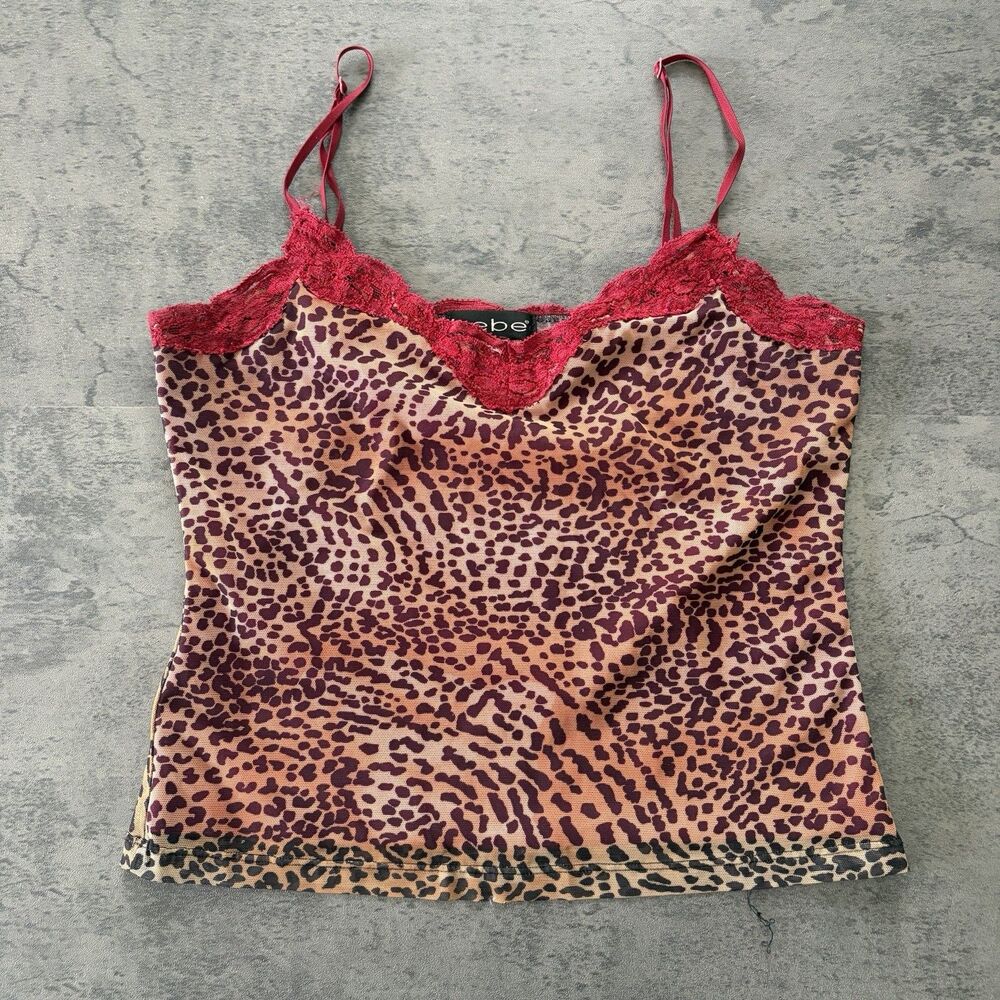 Bebe Vintage Y2K Leopard Print Spaghetti Straps Cami Top with Lace Detail S